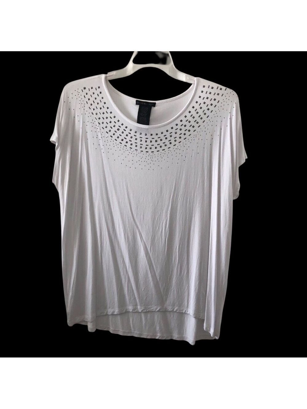 Design History White Short Sleeve Studded Scoop Neck Top Hi Lo Dolman Sleeves